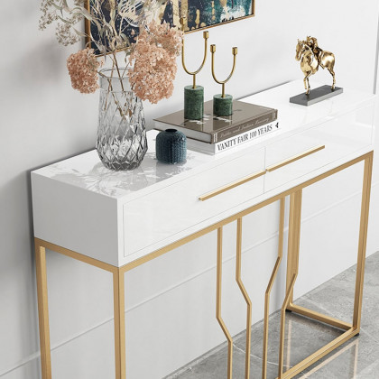 HMR Modern Narrow Console Table with Storage & Drawers - White