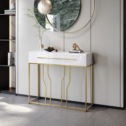 HMR Modern Narrow Console Table with Storage & Drawers - White