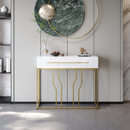 HMR Modern Narrow Console Table with Storage & Drawers - White