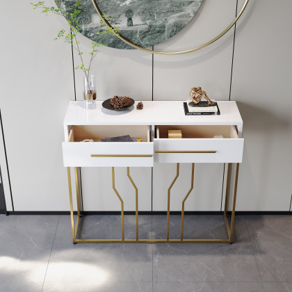HMR Modern Narrow Console Table with Storage & Drawers - White