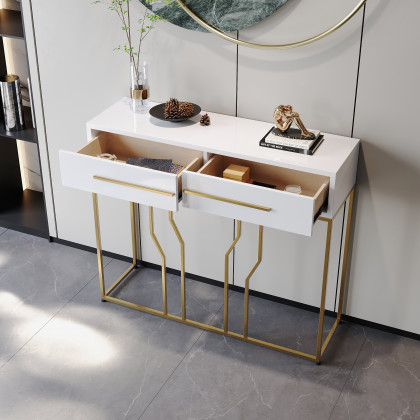 HMR Modern Narrow Console Table with Storage & Drawers - White