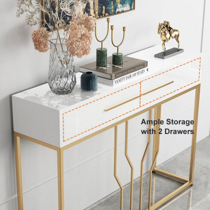 HMR Modern Narrow Console Table with Storage & Drawers - White