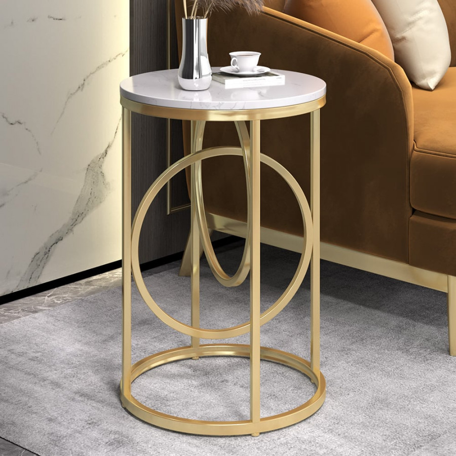 HMR - End Table Marble Top Side Table Metal in White