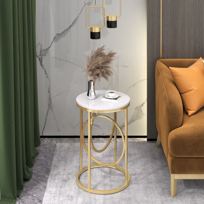 HMR - End Table Marble Top Side Table Metal in White