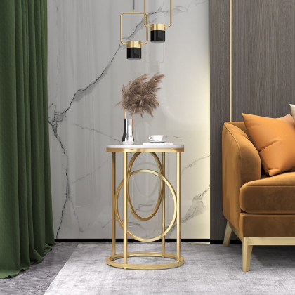 HMR - End Table Marble Top Side Table Metal in White