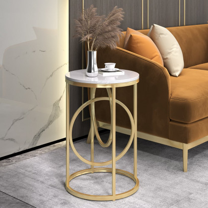 HMR - End Table Marble Top Side Table Metal in White