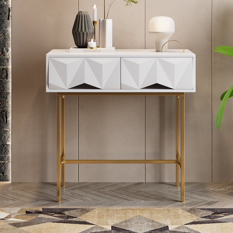 HMR - Modern Console Solid Wood and Metal Table with Drawers in White