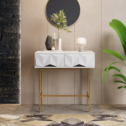 HMR - Modern Console Solid Wood and Metal Table with Drawers in White