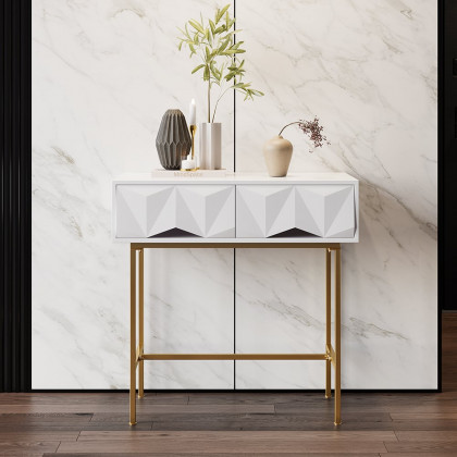 HMR - Modern Console Solid Wood and Metal Table with Drawers in White