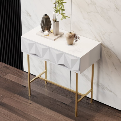 HMR - Modern Console Solid Wood and Metal Table with Drawers in White