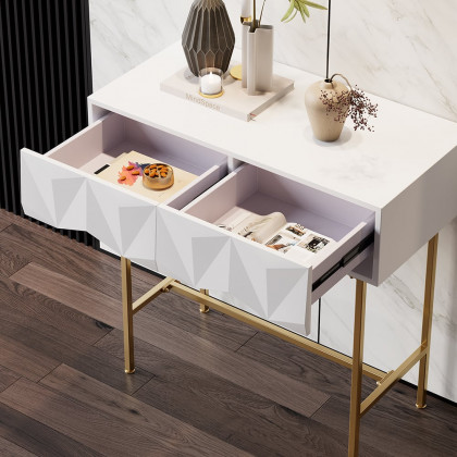 HMR - Modern Console Solid Wood and Metal Table with Drawers in White