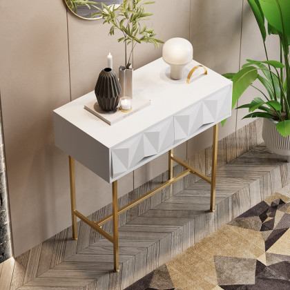 HMR - Modern Console Solid Wood and Metal Table with Drawers in White