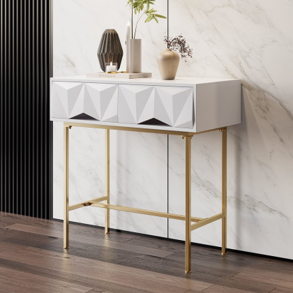 HMR - Modern Console Solid Wood and Metal Table with Drawers in White