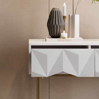 HMR - Modern Console Solid Wood and Metal Table with Drawers in White