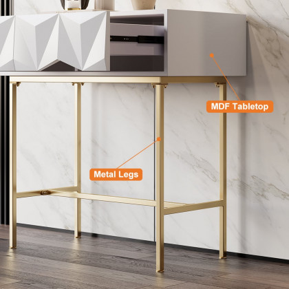 HMR - Modern Console Solid Wood and Metal Table with Drawers in White