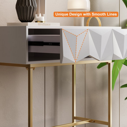 HMR - Modern Console Solid Wood and Metal Table with Drawers in White