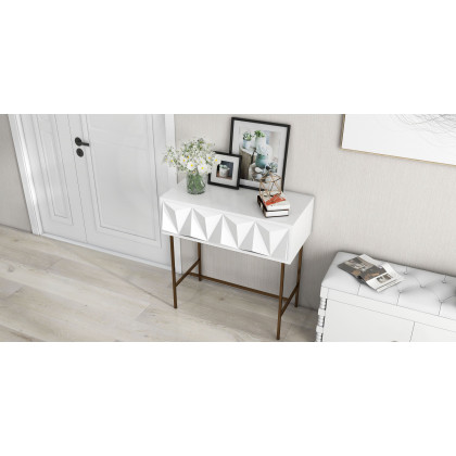 HMR - Modern Console Solid Wood and Metal Table with Drawers in White