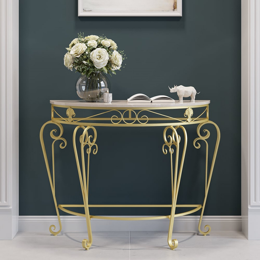 HMR - Modern Metal Console Table with Classical Frame in Gold