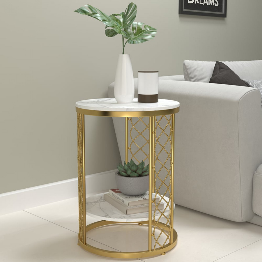 HMR - Round Marble Table with Storage in White