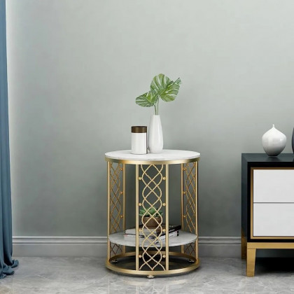 HMR - Round Marble Table with Storage in White