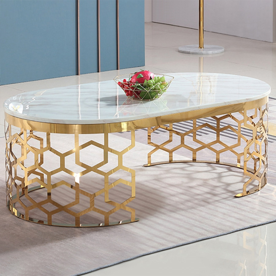 HMR - Oval Coffee Table Marble Top with Stainless Steel Frame in Gold