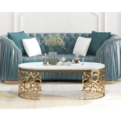HMR - Oval Coffee Table Marble Top with Stainless Steel Frame in Gold