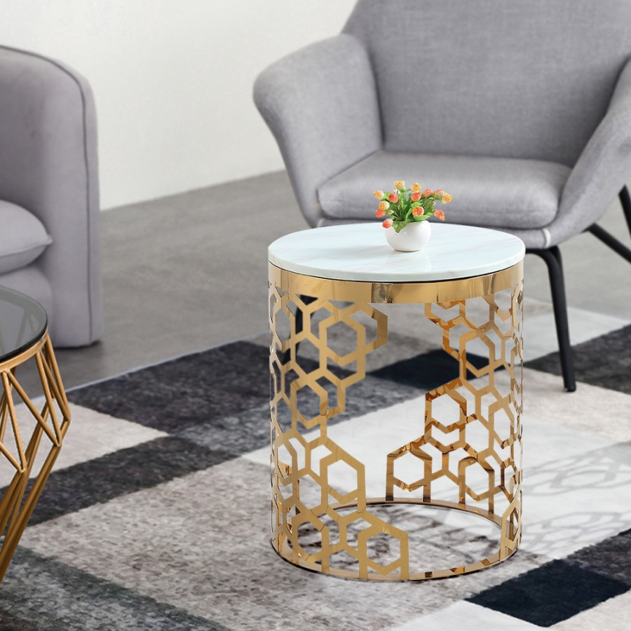 HMR - Currs End Table with Marble Top Side Table in Gold
