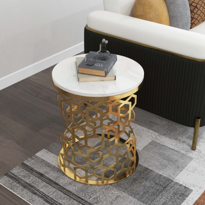 HMR - Currs End Table with Marble Top Side Table in Gold