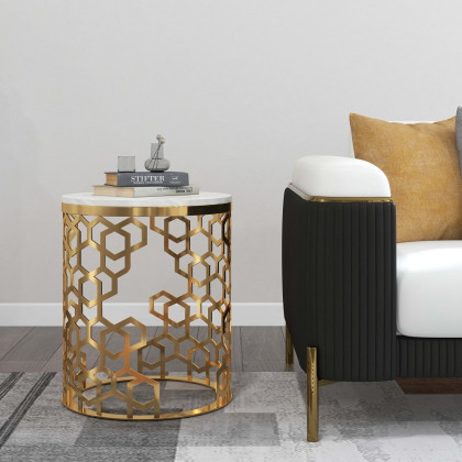 HMR - Currs End Table with Marble Top Side Table in Gold