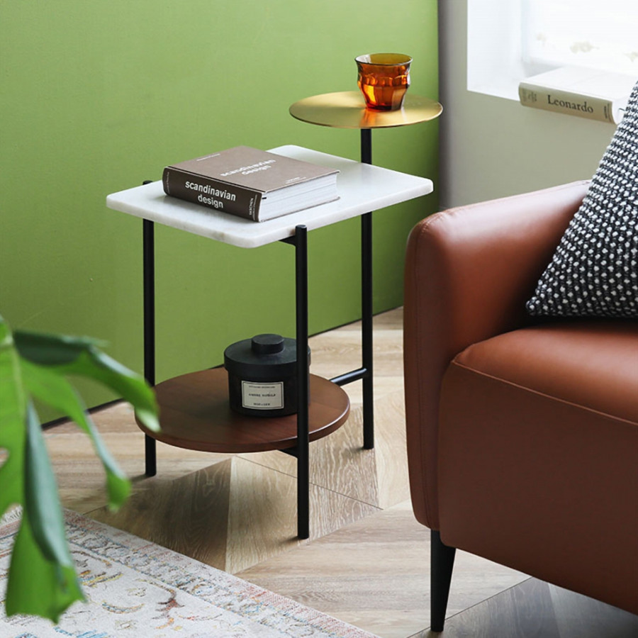 HMR - White Wood and Marble End Table with 3 Tiers in Gold and Walnut