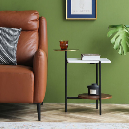 HMR - White Wood and Marble End Table with 3 Tiers in Gold and Walnut