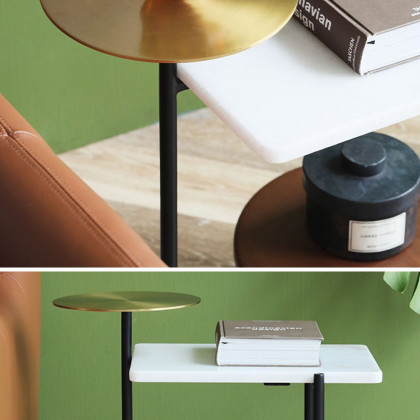 HMR - White Wood and Marble End Table with 3 Tiers in Gold and Walnut