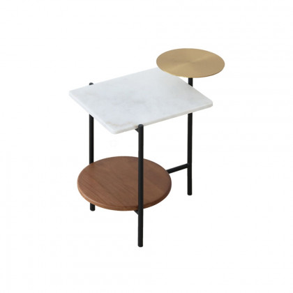 HMR - White Wood and Marble End Table with 3 Tiers in Gold and Walnut