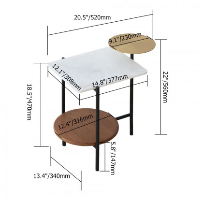 HMR - White Wood and Marble End Table with 3 Tiers in Gold and Walnut