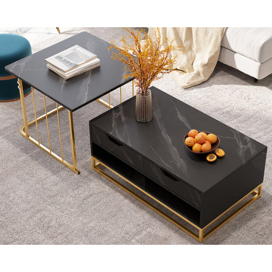 HMR Modern Nesting Coffee Table with Drawers & Shelves (Set of 2) - Black