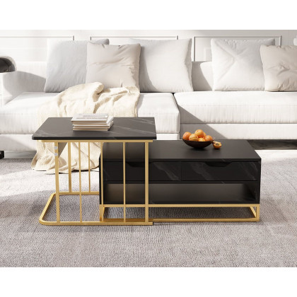 HMR Modern Nesting Coffee Table with Drawers & Shelves (Set of 2) - Black