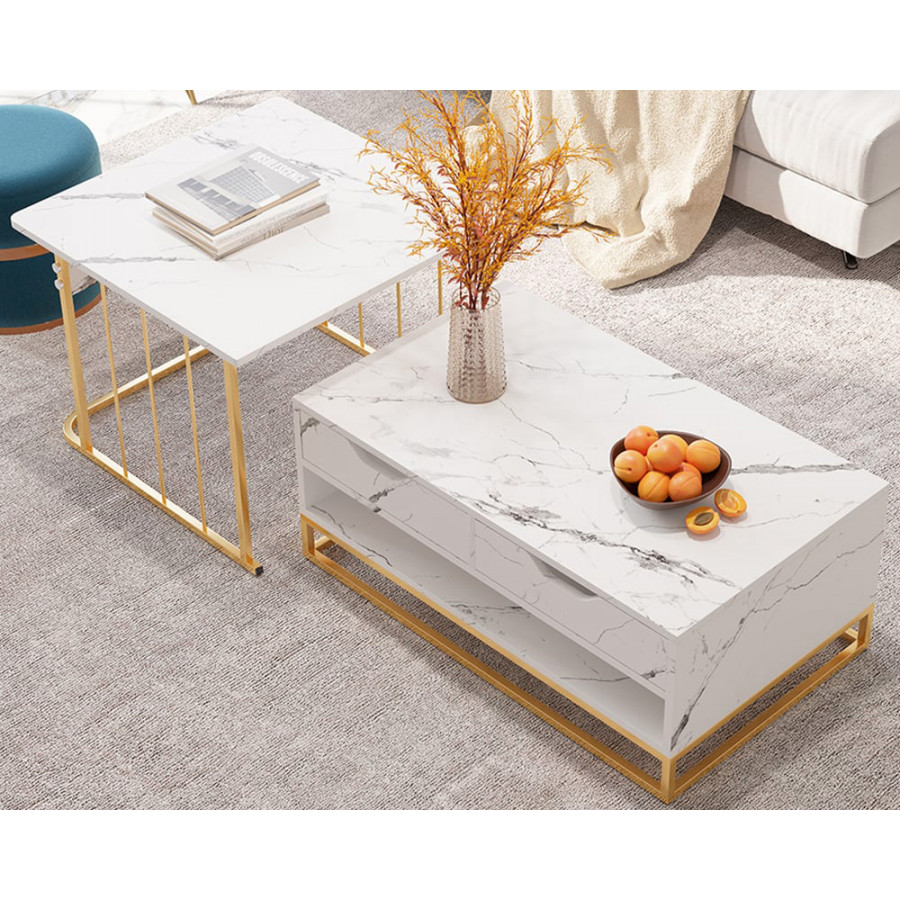 HMR Modern Nesting Coffee Table with Drawers & Shelves (Set of 2) - White