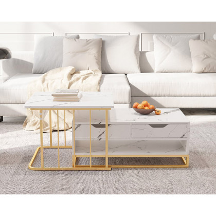 HMR Modern Nesting Coffee Table with Drawers & Shelves (Set of 2) - White