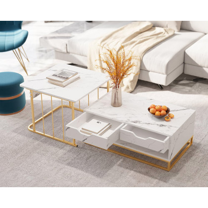 HMR Modern Nesting Coffee Table with Drawers & Shelves (Set of 2) - White