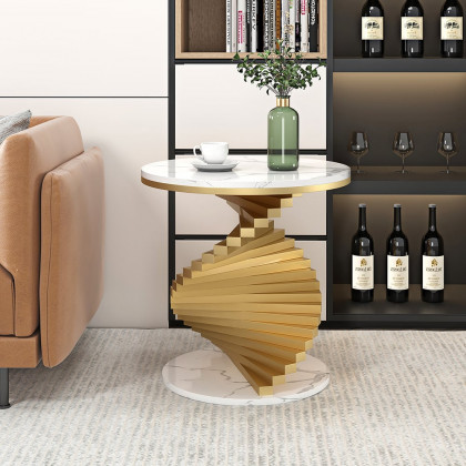 HMR Round Side Table with Metal Frame - White, Faux Marble