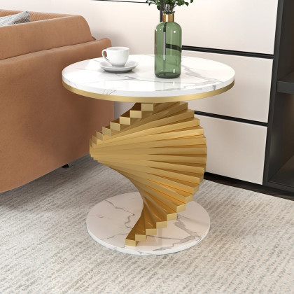 HMR Round Side Table with Metal Frame - White, Faux Marble