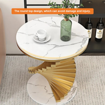 HMR Round Side Table with Metal Frame - White, Faux Marble