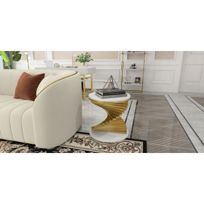 HMR Round Side Table with Metal Frame - White, Faux Marble
