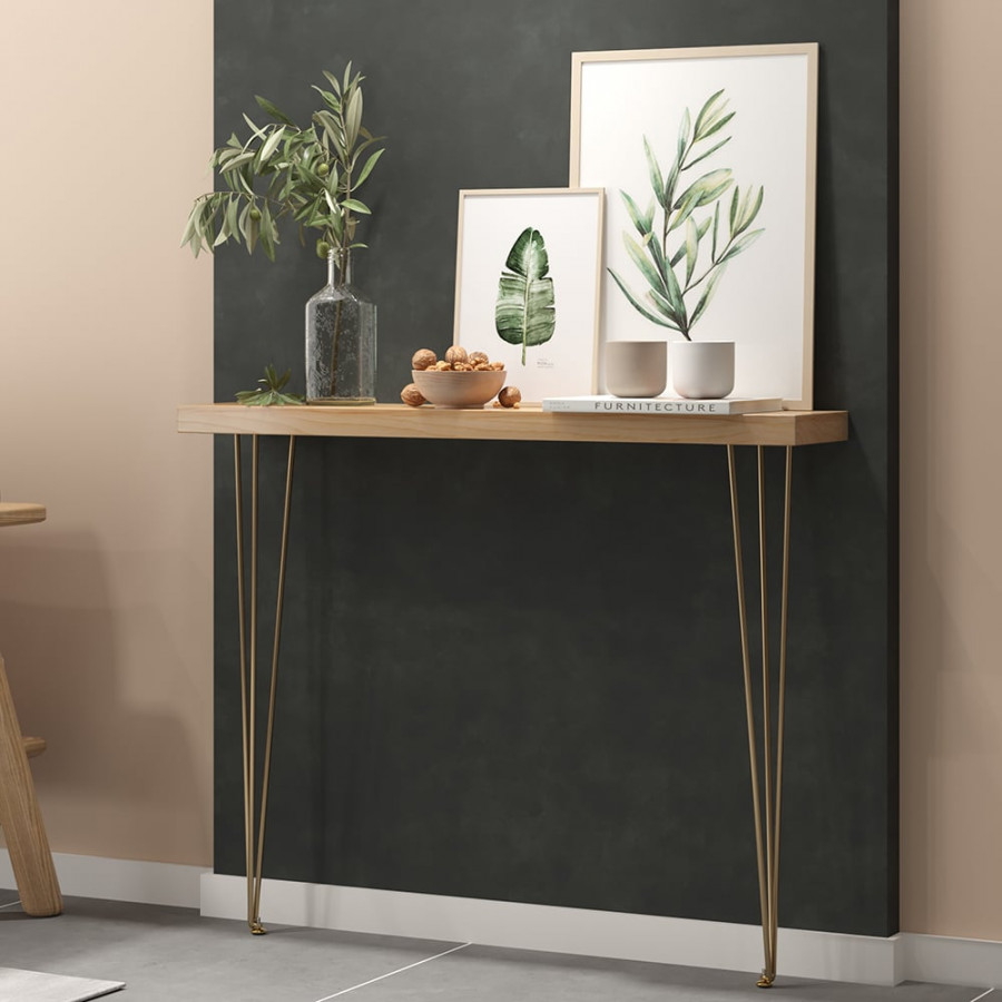 HMR Rustic Narrow Rectangular 39" Console Table with Wooden Top & Metal Legs - Natural