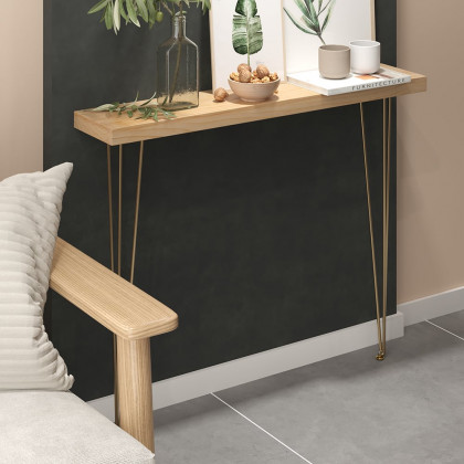 HMR Rustic Narrow Rectangular 39" Console Table with Wooden Top & Metal Legs - Natural
