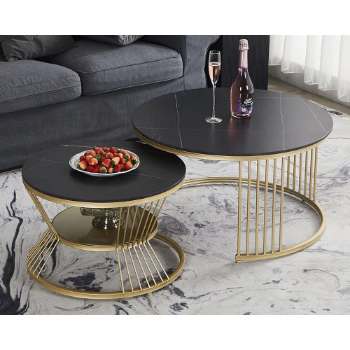 HMR Modern Nesting Coffee Table Set with Sintered Stone Top (Set of 2) - Black