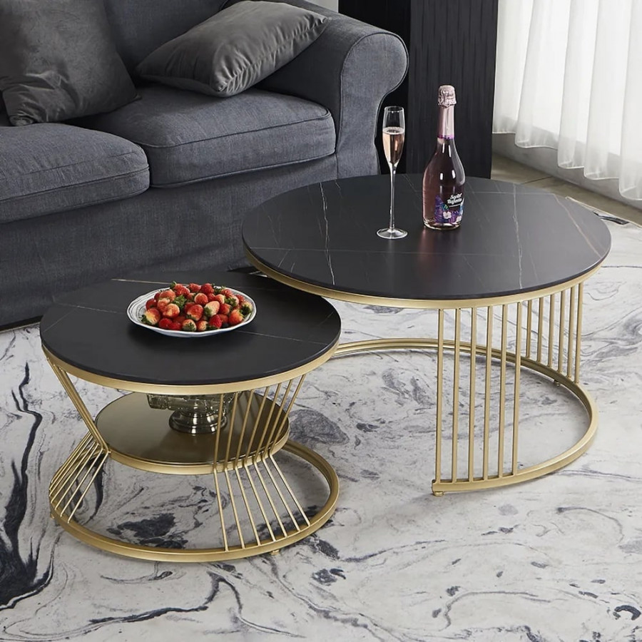 HMR Modern Nesting Coffee Table Set with Sintered Stone Top (Set of 2) - Black