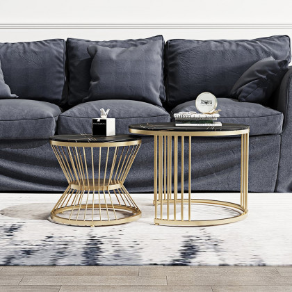 HMR Modern Nesting Coffee Table Set with Sintered Stone Top (Set of 2) - Black