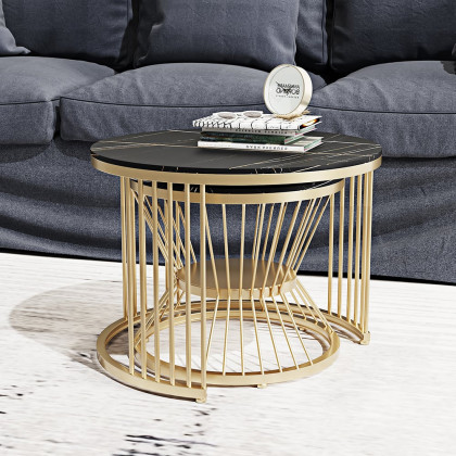 HMR Modern Nesting Coffee Table Set with Sintered Stone Top (Set of 2) - Black