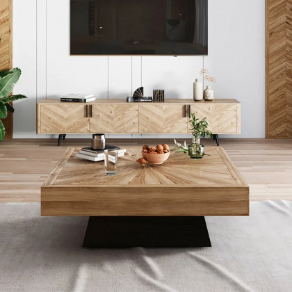 HMR - Square Coffee Table with Wooden Top in Black and Natural